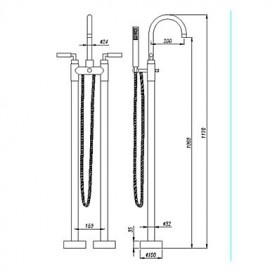 Two Handle Floor Standing Tub Tap with Hand Shower - Chrome Finish