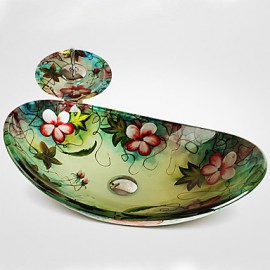 Multicolour Boat-shaped Tempered Glass Vessel Sink with Waterfall Tap Pop - Up Drain and Mounting Ring