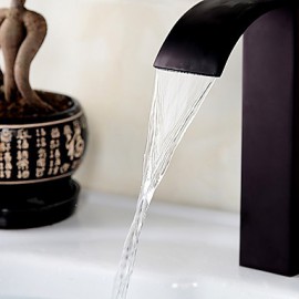 Bathroom Deck Mounted Oil-Rubbed Bronze Waterfall Black Washbasin Faucet-Reddish Brown