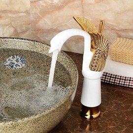 Contemporary Ceramic Body Shape Swan Bathroom Basin Mixer (Tall) - Gold+White