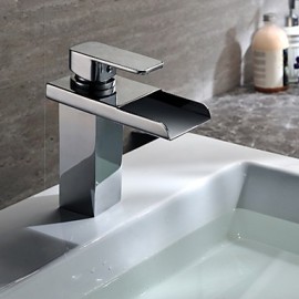 Contemporary Chrome Finish Brass Single Handle One Hole Color Changing Led Waterfall Bathroom Sink Faucet