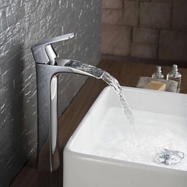 Contemporary Tall Chrome-Plated Brass Waterfall Bathroom Sink Faucet - Silver