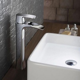 Contemporary Tall Chrome-Plated Brass Waterfall Bathroom Sink Faucet - Silver