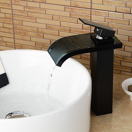 Contemporary Tall Oil-Rubbed Bronze Waterfall Bathroom Sink Glass Faucet - Black