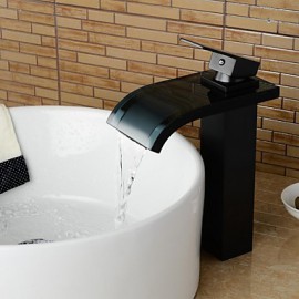 Contemporary Tall Oil-Rubbed Bronze Waterfall Bathroom Sink Glass Faucet - Black