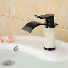 Contemporary Waterfall Brass Imitation Jade Bathroom Sink Faucet - Black