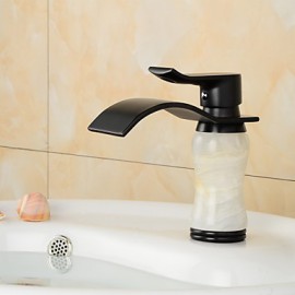 Contemporary Waterfall Brass Imitation Jade Bathroom Sink Faucet - Black