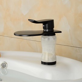 Contemporary Waterfall Brass Imitation Jade Oil-Rubbed Bronze Bathroom Sink Faucet -Black