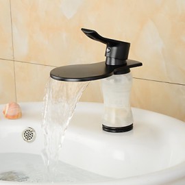 Contemporary Waterfall Brass Imitation Jade Oil-Rubbed Bronze Bathroom Sink Faucet -Black