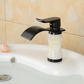 Contemporary Waterfall Brass Imitation Jade Oil-Rubbed Bronze Bathroom Sink Faucet -Black(Gloden)