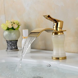 Contemporary Waterfall Brass Imitation Jade Ti-Pvd Bathroom Sink Faucet - Golden