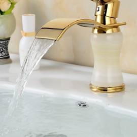 Contemporary Waterfall Brass Imitation Jade Ti-Pvd Bathroom Sink Faucet - Golden