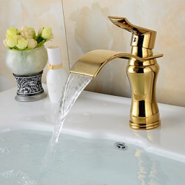 Contemporary Waterfall Brass Ti-Pvd Bathroom Sink Faucet - Golden