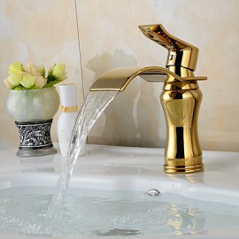 Contemporary Waterfall Brass Ti-Pvd Bathroom Sink Faucet - Golden