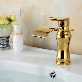 Contemporary Waterfall Brass Ti-Pvd Bathroom Sink Faucet - Golden