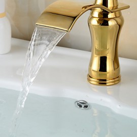 Contemporary Waterfall Brass Ti-Pvd Bathroom Sink Faucet - Golden