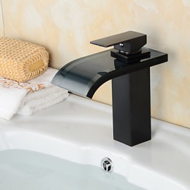 Fashion Oil-Rubbed Bronze One Hole Single Handle Waterfall Bathroom Sink Faucet With Glass Spout-Black