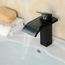 Fashion Oil-Rubbed Bronze One Hole Single Handle Waterfall Bathroom Sink Faucet With Glass Spout-Black