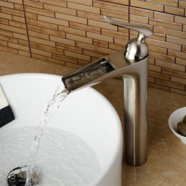 Fashionable Brass Nickel Brushed Heightening Waterfall Bathroom Sink Faucet - Matt Silver