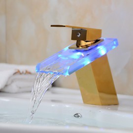 Led Color Changing Waterfall Glass Spout Bathroom Sink Faucet - Transparent Green + Gold