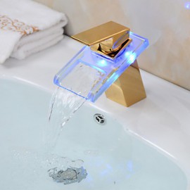 Led Color Changing Waterfall Glass Spout Bathroom Sink Faucet - Transparent Green + Gold