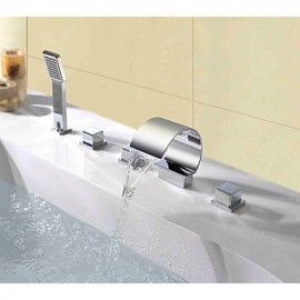 Mlfalls Contemporary Deck Mount Triple Handles Bathroom Waterfall Spout Faucet With Hand Shower