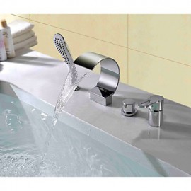 Mlfalls Contemporary Four Holes Deck Mount Brass Chromed Waterfall Bathroom Taps With Hand Shower