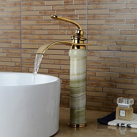 Modern Waterfall Brass Imitation Jade Ti-Pvd Bathroom Sink Faucet - Golden