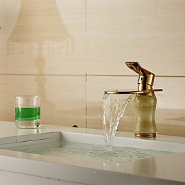 Modern Waterfall Brass Imitation Jade Ti-Pvd Bathroom Sink Faucet - Golden