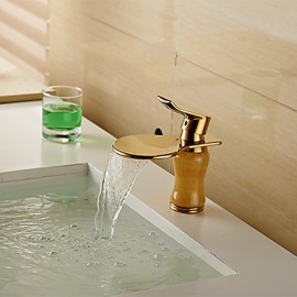 Modern Waterfall Brass Imitation Jade Ti-Pvd Bathroom Sink Faucet - Golden