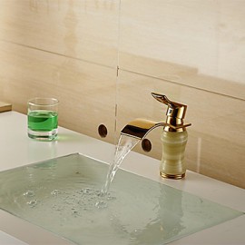 Modern Waterfall Brass Imitation Jade Ti-Pvd Bathroom Sink Faucet - Golden