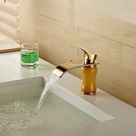 Modern Waterfall Brass Imitation Jade Ti-Pvd Bathroom Sink Faucet - Golden