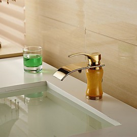 Modern Waterfall Brass Imitation Jade Ti-Pvd Bathroom Sink Faucet - Golden