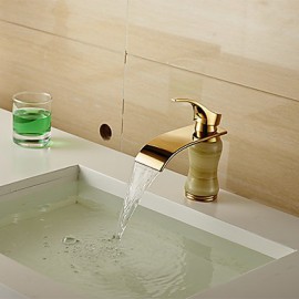 Modern Waterfall Brass Imitation Jade Ti-Pvd Bathroom Sink Faucet - Golden