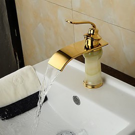 Modern Waterfall Brass Imitation Jade Ti-Pvd Bathroom Sink Faucet - Golden