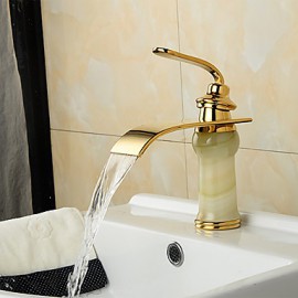 Modern Waterfall Brass Imitation Jade Ti-Pvd Bathroom Sink Faucet - Golden