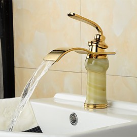 Modern Waterfall Brass Imitation Jade Ti-Pvd Bathroom Sink Faucet - Golden