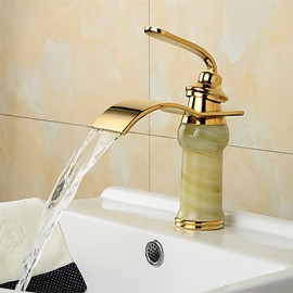 Modern Waterfall Brass Imitation Jade Ti-Pvd Bathroom Sink Faucet - Golden