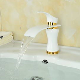 Modern Waterfall Brass Paint Ti-Pvd Bathroom Sink Faucet - White+Golden