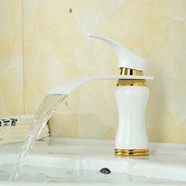 Modern Waterfall Brass Paint Ti-Pvd Bathroom Sink Faucet - White+Golden