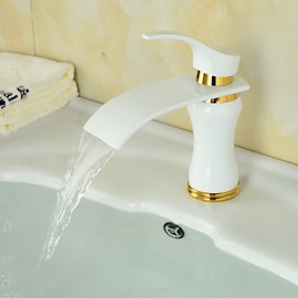 Modern Waterfall Brass Paint Ti-Pvd Bathroom Sink Faucet - White+Golden