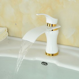 Modern Waterfall Brass Paint Ti-Pvd Bathroom Sink Faucet - White+Golden