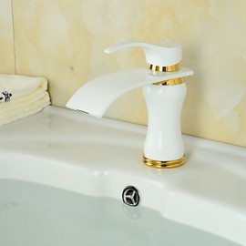 Modern Waterfall Brass Paint Ti-Pvd Bathroom Sink Faucet - White+Golden