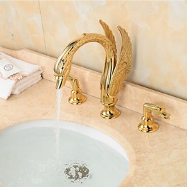 Separated Type Two Handles Ornate Swan Shape Bathroom Basin Faucet - Gold