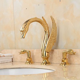 Separated Type Two Handles Ornate Swan Shape Bathroom Basin Faucet - Gold