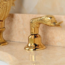 Separated Type Two Handles Ornate Swan Shape Bathroom Basin Faucet - Gold