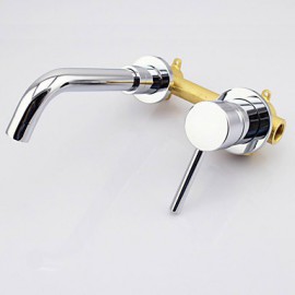 Contemporary Chrome Finish Brass Two Holes Single Handle Wall Mounted Bathroom Sink Faucet