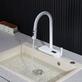 White Copper Pull-Out Kitchen Faucet With Digital Display