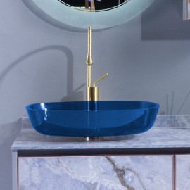 Blue Tempered Glass Countertop Basin For Bathroom