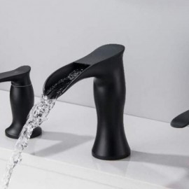 Black Copper Waterfall Double Handle Basin Faucet With Hot And Cold